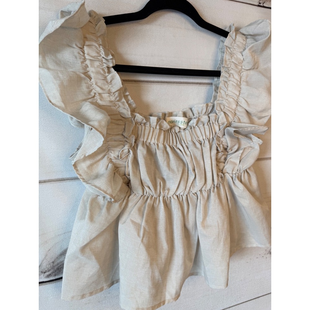 Pants Store Ruffle Shoulder Smocked Peplum Top Beige GT2805 Womens Medium - Picture 2 of 5
